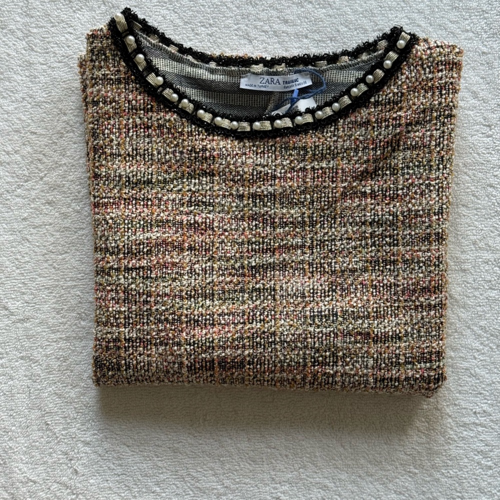 Zara Textured Tweed Shirt with Black Trim/Pearl Beaded Hem
